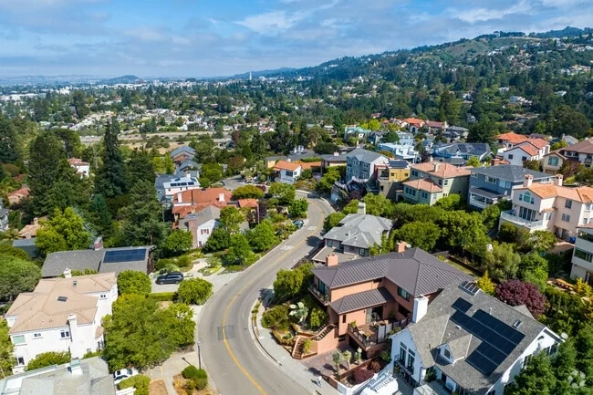 Hillside homes and winding streets in Upper Rockridge Oakland